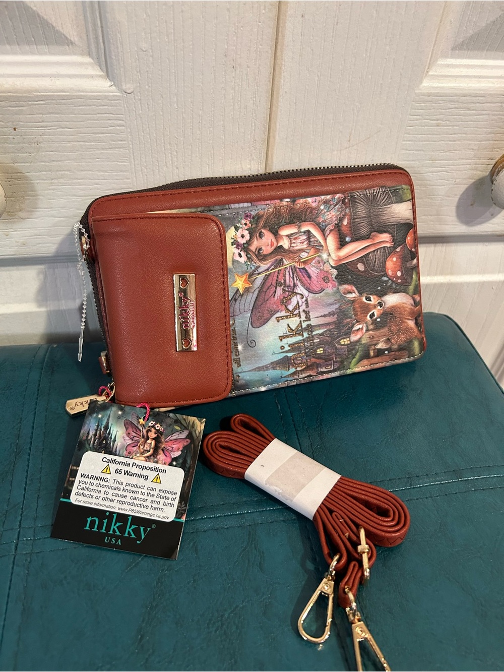 Nicole Lee Brown Fairy Print Crossbody Bag with Multicolor Artwork